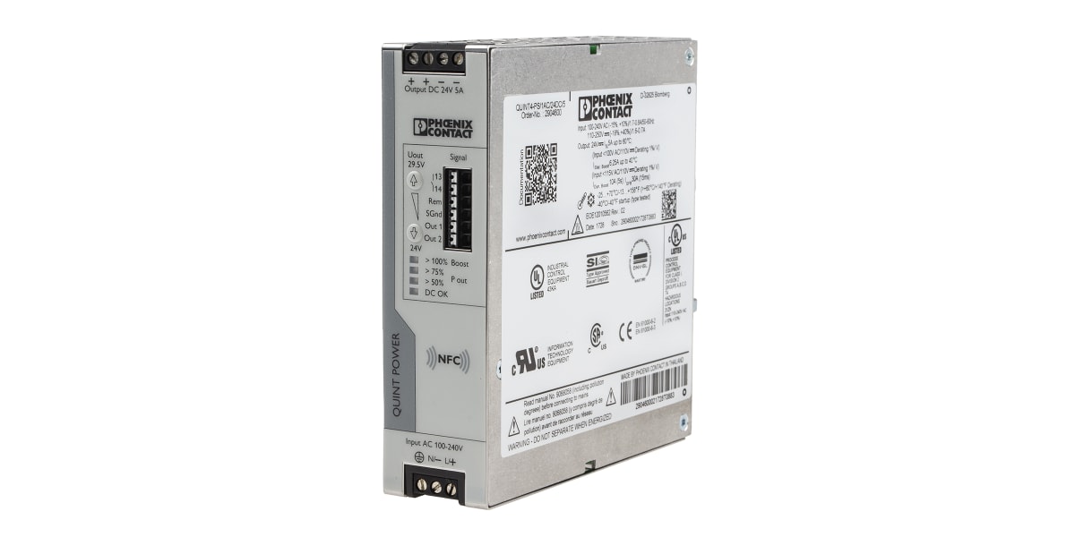 Product image for Phoenix Contact QUINT4-PS/1AC/24DC/5 Switch Mode PSU with High Degree of Immunity, Preventive Function Monitoring