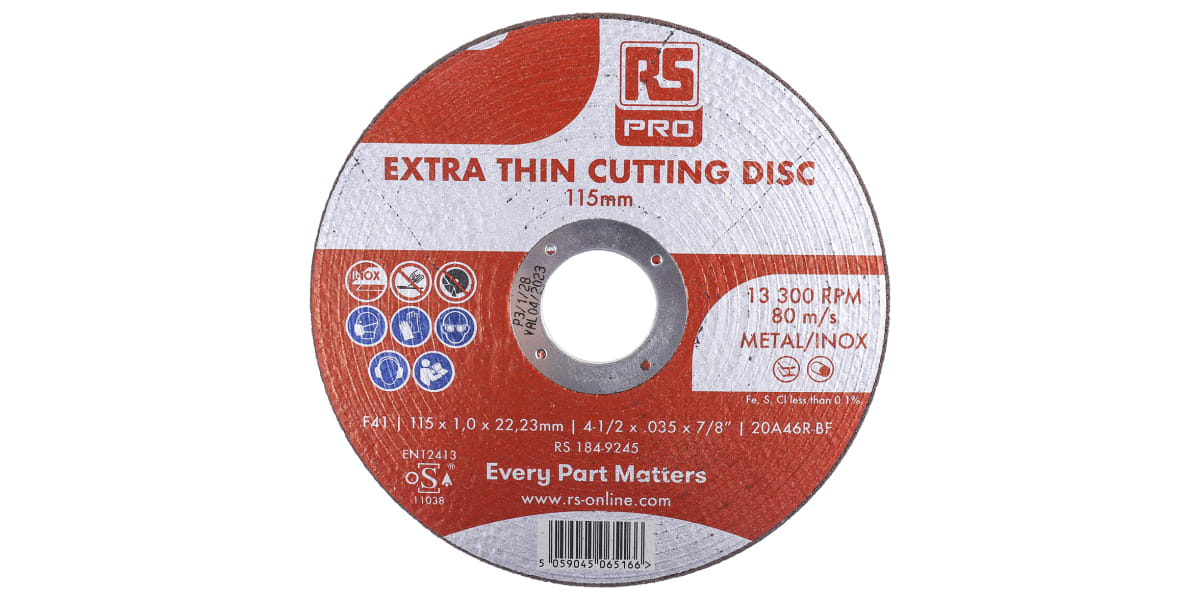 Product image for RS PRO Nylon Cutting Disc, 115mm x 1mm Thick, P60 Grit, 10 in pack