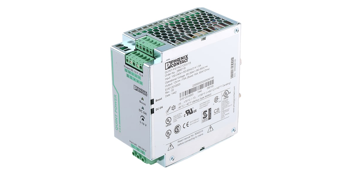 Product image for Phoenix Contact QUINT-PS/1AC/12DC/15 Switch Mode DIN Rail Power Supply 85 → 264V ac Input, 12V dc Output, 15A