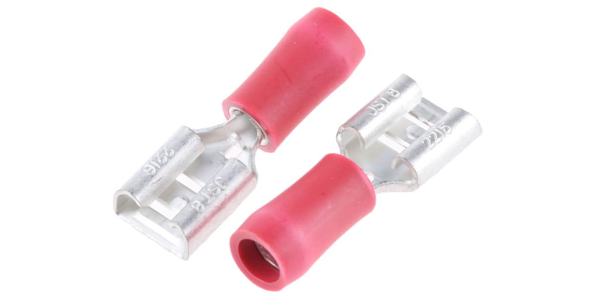 Product image for JST, FVDDF Red Insulated Spade Connector, 6.35 x 0.8mm Tab Size, 0.25mm² to 1.65mm²