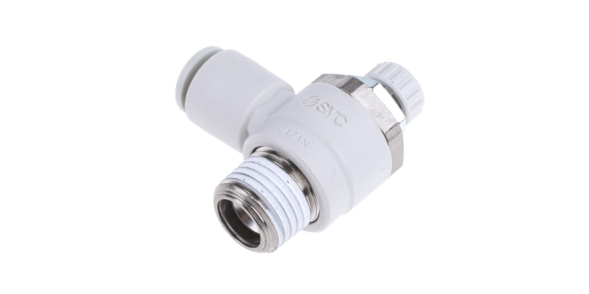 Product image for SMC AS Series Speed Controller, R 1/4 Male Inlet Port x R 1/4 Male Outlet Port x 6mm Tube Outlet Port