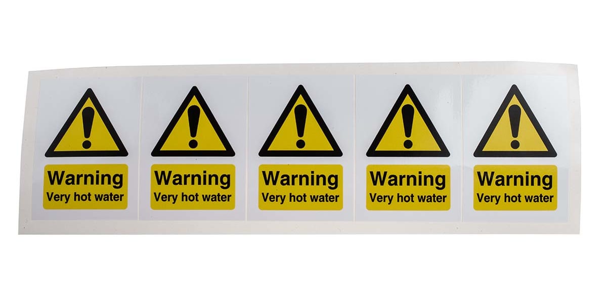 Product image for RS PRO Black/White/Yellow Vinyl Safety Labels, Warning Very Hot Water-Text 70 mm x 50mm