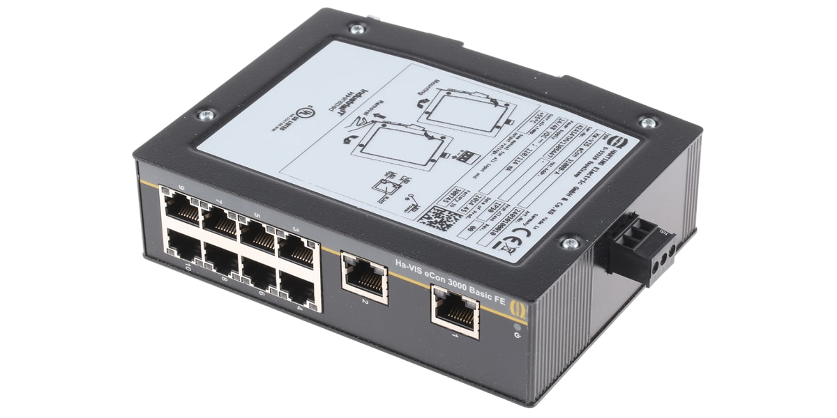 Product image for HARTING Ethernet Switch, 10 RJ45 port, 48V dc, 10 Mbit/s, 100 Mbit/s Transmission Speed, DIN Rail Mount