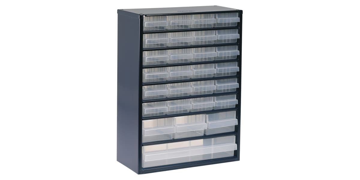 Product image for Raaco 28 Drawer Storage Unit, Steel, 417mm x 306mm x 150mm, Blue