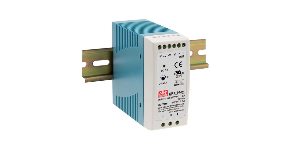 Product image for 60W DIN Rail Panel Mount PSU 24Vdc 2.5A