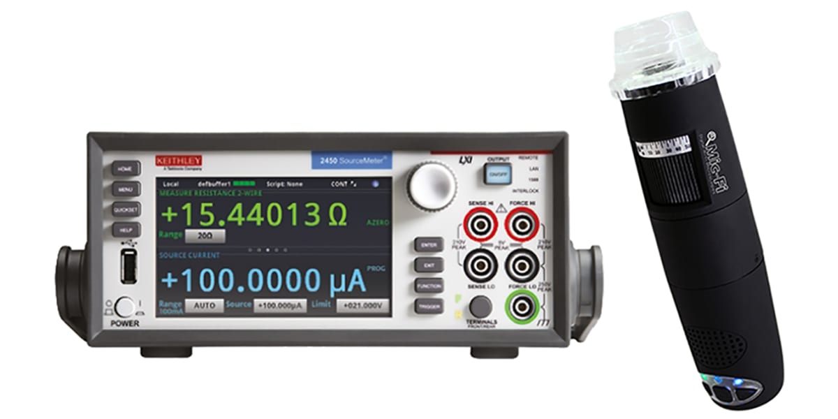 Product image for Keithley 2450 Sourcemeter + WiFi Microscope, 1 Ch, 20 Ω → 200 MΩ ±10 nA → ±1 A