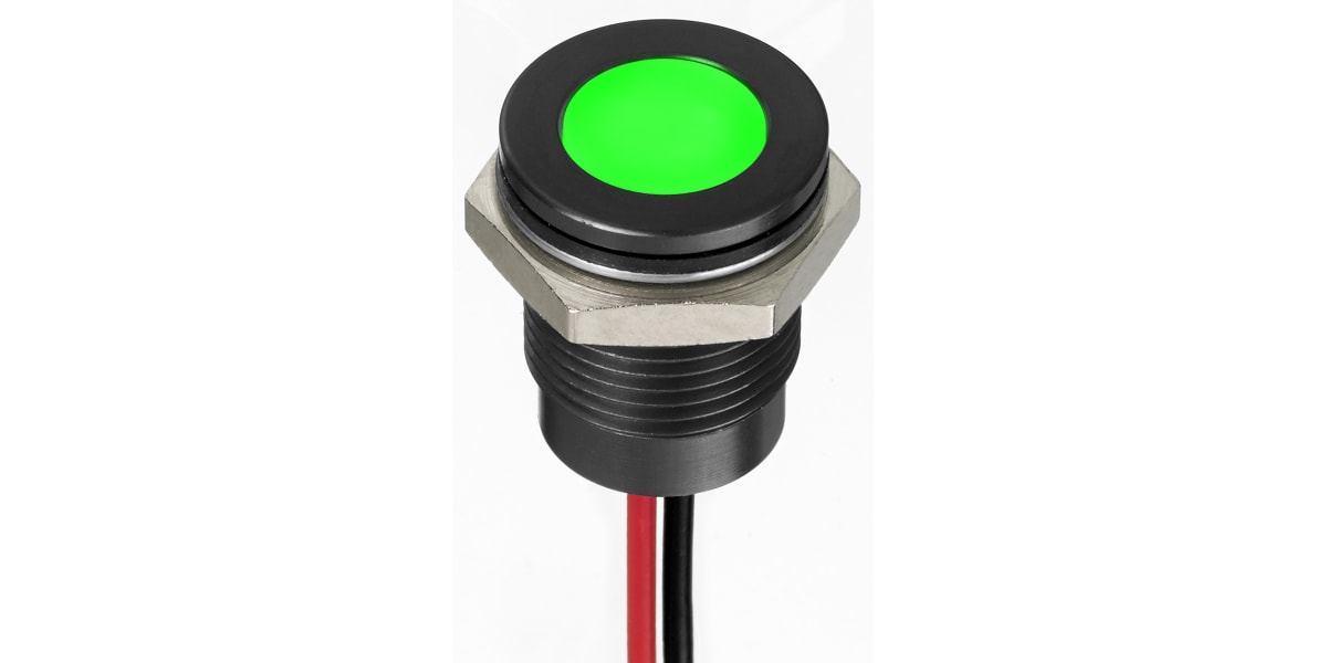 Product image for 14mm flush IP67 sealed blk LED, grn 220V