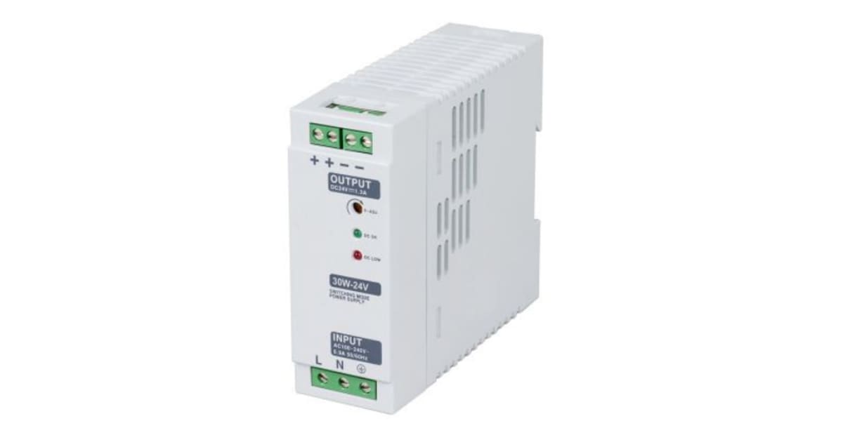 Product image for RS PRO DIN Rail Power Supply - 230V ac Input Voltage, 12V dc Output Voltage, 2.5A Output Current, 30W