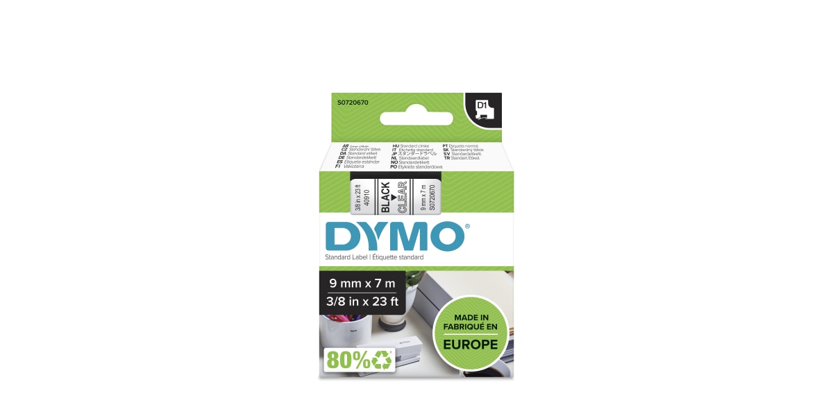 Product image for DYMO D1 BLK ON CLEAR LABELLING TAPE,9MM