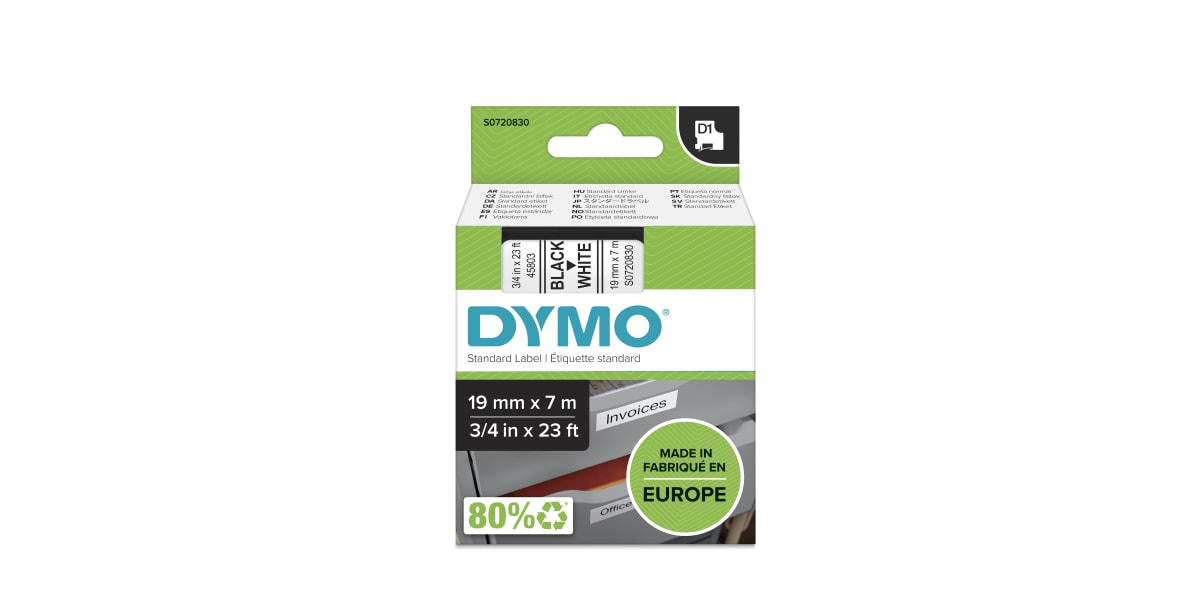 Product image for DYMO D1 BLK ON WHITE LABELLING TAPE,19MM