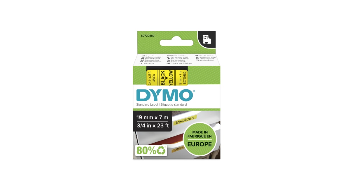 Product image for DYMO D1 BLACK ON YEL LABELLING TAPE,19MM