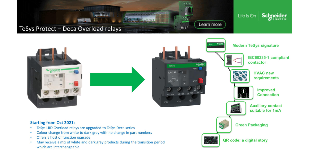 Product image for Schneider Electric Overload Relay - 1NO + 1NC, 7 → 10 A F.L.C, 10 A Contact Rating, 3P, TeSys