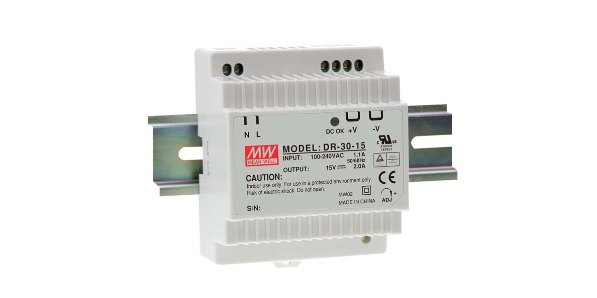 Product image for DR-30 series, 30 watt Din Rail 15Vdc