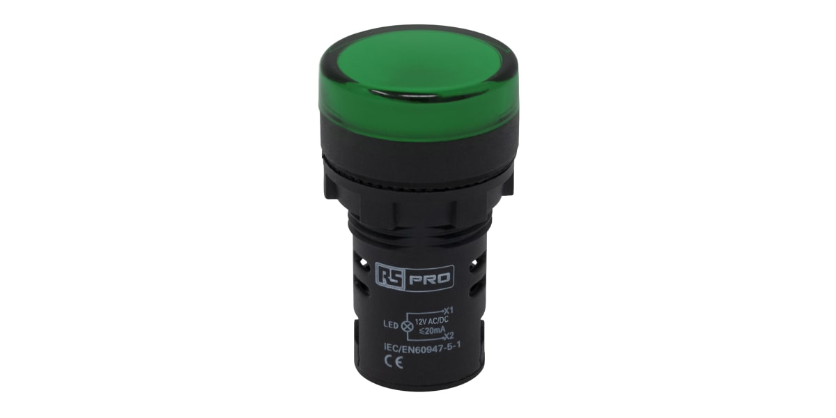 Product image for RS PRO, Panel Mount Green LED Indicator, 22mm Cutout, IP65, 12V ac/dc