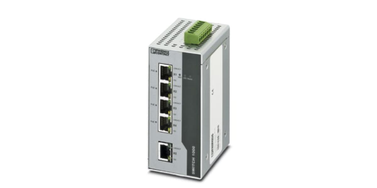 Product image for Phoenix Contact Ethernet Switch, 5 RJ45 port, 24V dc, 100Mbit/s Transmission Speed, DIN Rail Mount FL SWITCH 1001T-4POE