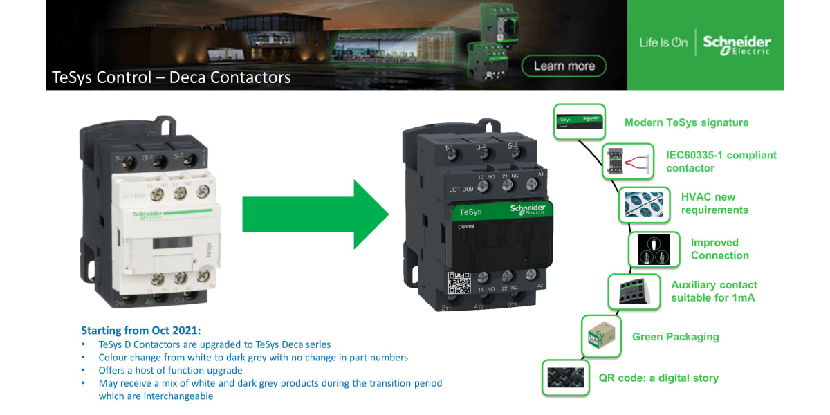 Product image for Schneider Electric TeSys D LC1D 3 Pole Contactor - 50 A, 24 V ac Coil, 3NO, 18.5 kW