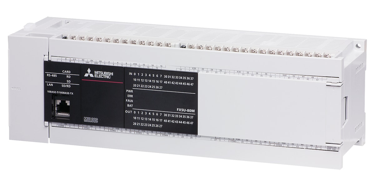 Product image for Mitsubishi FX5U PLC CPU - 40 Inputs, 40 Outputs, Inverter Communication, MELSEC Communication protocol (3C/4C Frames),