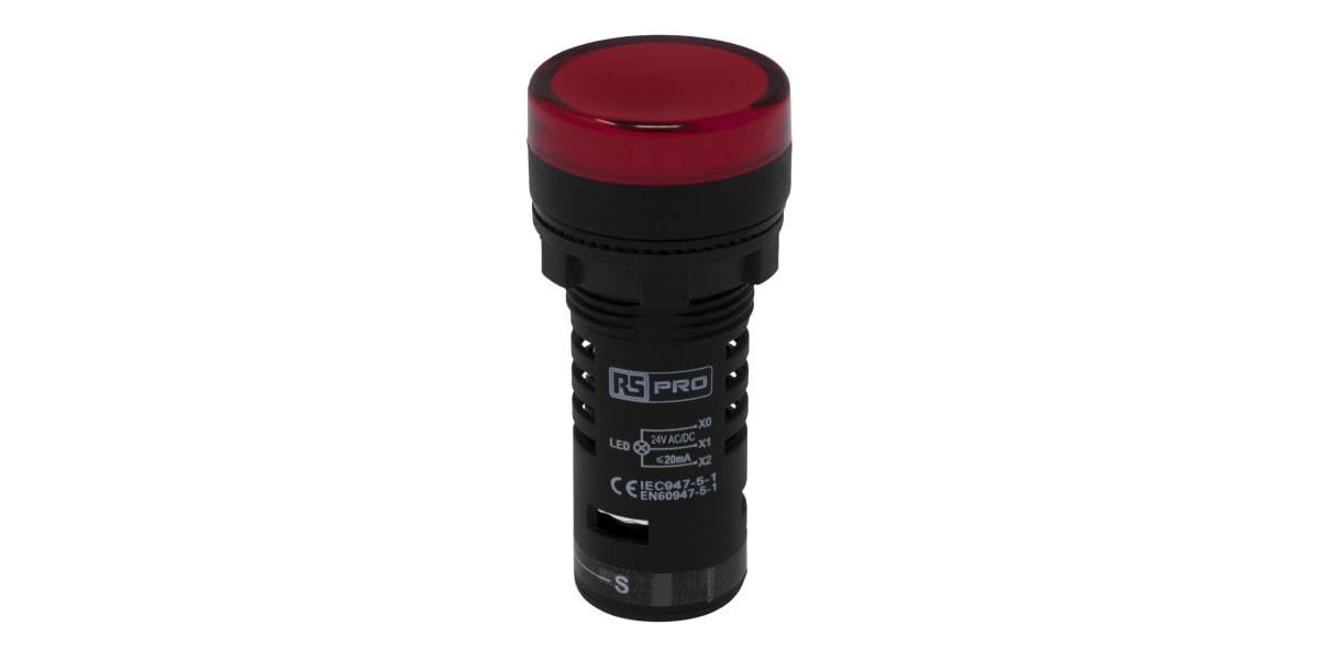 Product image for RS PRO, Panel Mount Red LED Pilot Light Complete With Test Circuit, 22mm Cutout, IP65, Round, 24 V ac/dc