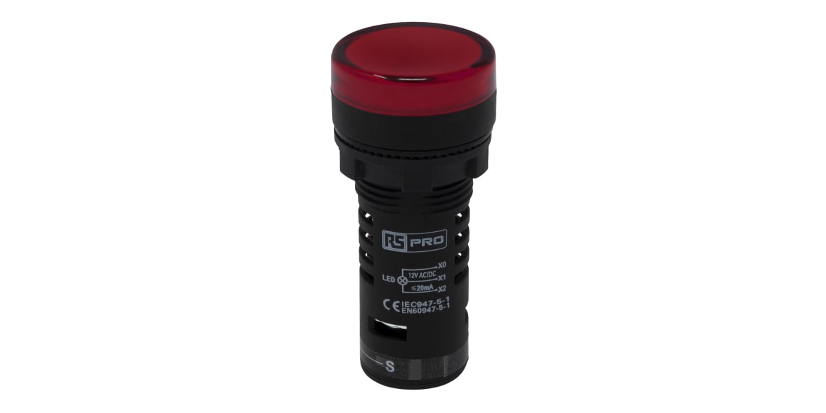 Product image for RS PRO, Panel Mount Red LED Pilot Light Complete With Test Circuit, 22mm Cutout, IP65, Round, 12 V ac/dc