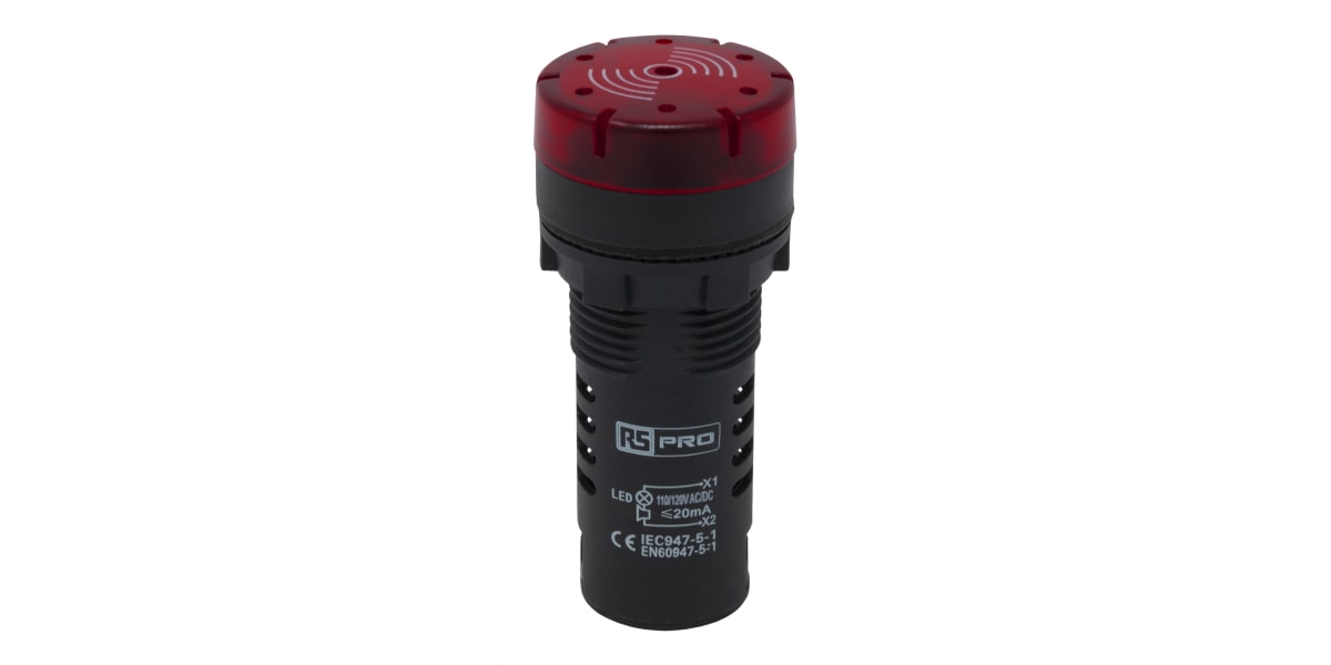 Product image for RS PRO, Panel Mount Red LED Pilot Light Complete With Sounder, 22mm Cutout, IP30, Round, 120 V ac/dc