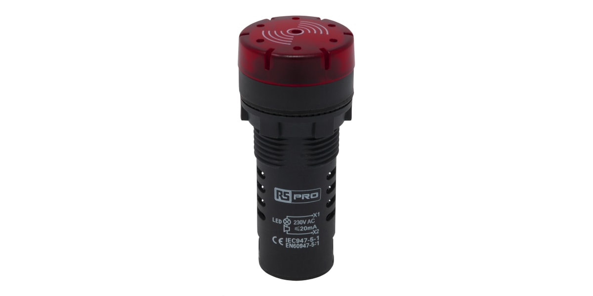 Product image for RS PRO, Panel Mount Red LED Pilot Light Complete With Sounder, 22mm Cutout, IP30, Round, 230 V ac