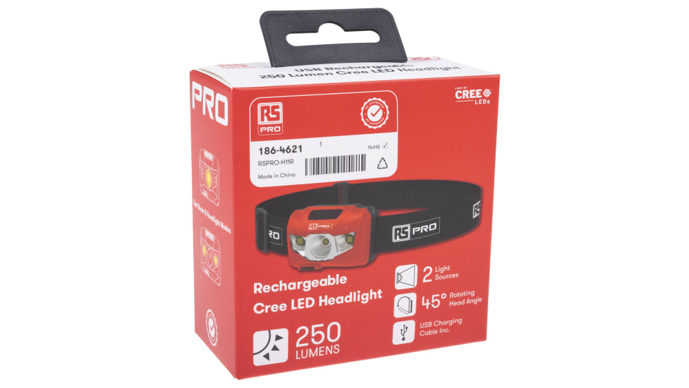 Lampe frontale LED rechargeable RS PRO, 250 lm, Li-polymère