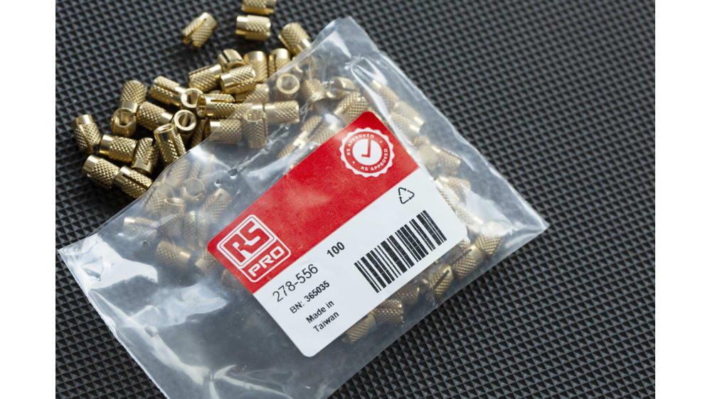 RS PRO, RS PRO, M3 Brass Threaded Insert diameter 4mm Depth 4.78mm, 278-584