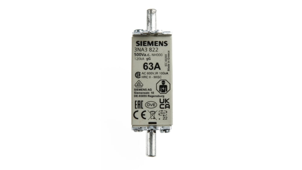 3NA3822 | Siemens 63A NH Fuse, NH000, 500V ac | RS