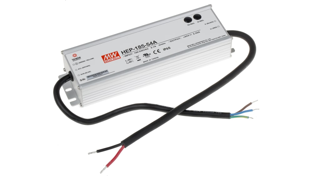 Mean Well Switching Power Supply, HEP-185-54A, 54V dc, 3.45A, 186W,  Output, 127 → 431 V dc, 90 → 305 V RS