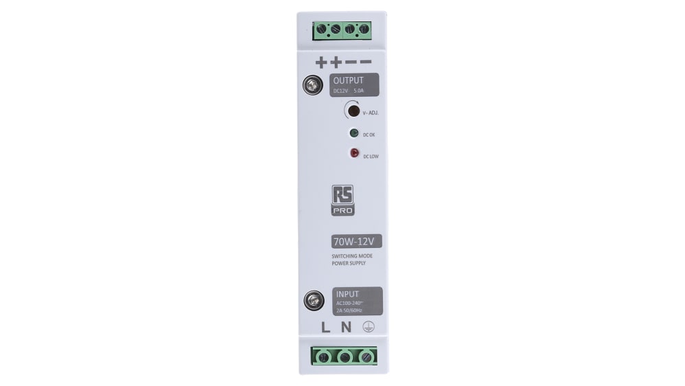 RS PRO Switch Mode DIN Rail Power Supply, 230V ac, 12V dc dc Output, 5A  Output, 70W