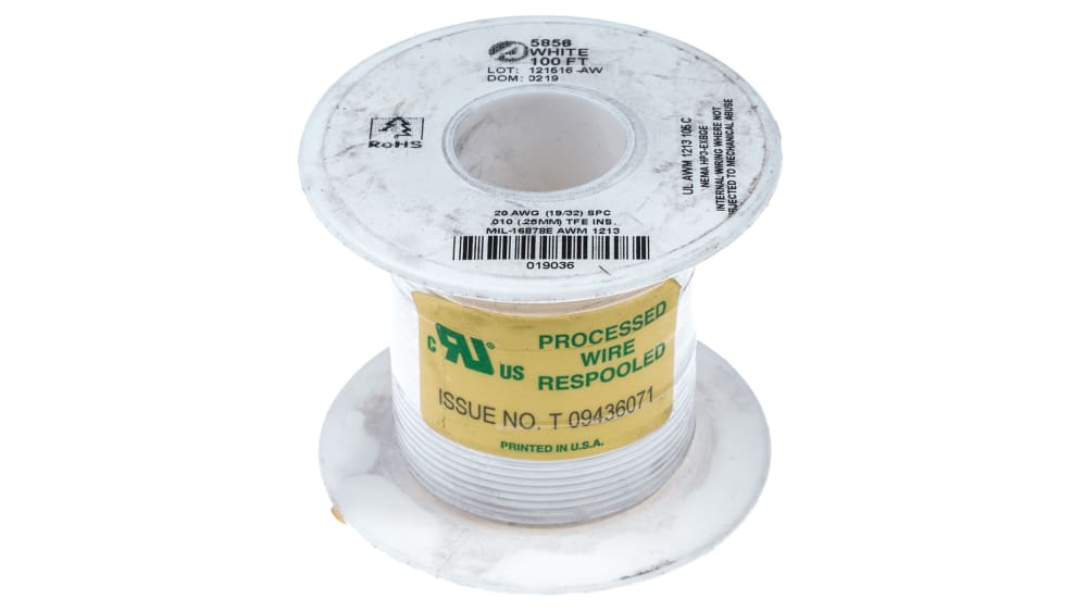 67150 WH321 Alpha Wire, Alpha Wire 67150 Series White 1.5 mm² Hook Up  Wire, 16 AWG, 84/0.16 mm², 50m, Polyphenylene Ether Insulation, 201-2687