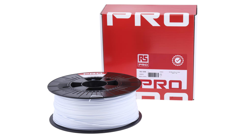 Filament pour imprimante 3D RS PRO, PET-G, Ø 1.75mm, Blanc, 1kg, FDM
