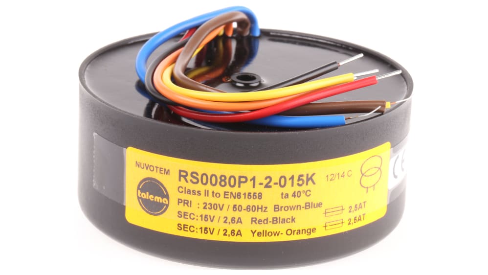 Nuvotem Talema トロイダルトランス,1次:230V ac,2次:2 x 15V ac,電力:80VA 0080P1-2-015K | RS Nuvotem Talema トロイダルトランス,1次:230V ac,2次:2 x 15V ac,電力:80VA 0080P1-2-015K | RS