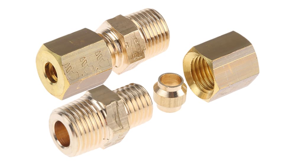 0105 04 10, Legris Brass Pipe Fitting, Straight Compression Coupler, Male  R 1/8in to Female 4mm