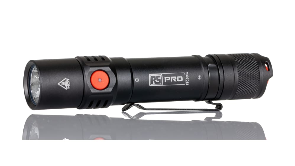 Lampe torche RS PRO LED Rechargeable, Noir, 1 200 lm, IP68