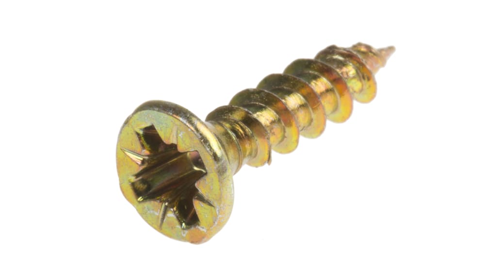 RS PRO Pozidriv Countersunk Steel Wood Screw, Yellow Passivated, Zinc Plated, 3.5mm Thread, 16mm Length | RS RS PRO Pozidriv Countersunk Steel Wood Screw, Yellow Passivated, Zinc Plated, 3.5mm Thread, 16mm Length | RS