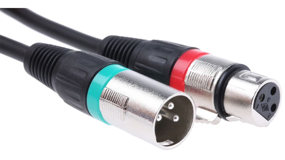 RS PRO Male 3 Pin XLR to Female 3 Pin XLR Cable, Black, 1.5m