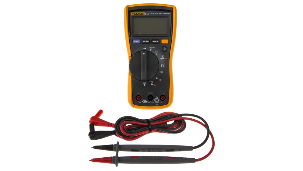 Fluke Multímetro digital 115, mide voltaje CA/CC a 600 V y corriente CA/CC  a 10 A, mide resistencia, continuidad, frecuencia y capacitancia, incluye  funda y cable de prueba de silicona : 