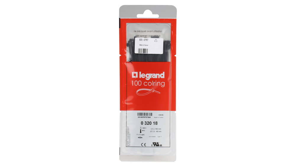 Legrand Colring Nylon 66 Kabelbinder, 3,5x180 Mm, Schwarz – 100 Stück Im Pack