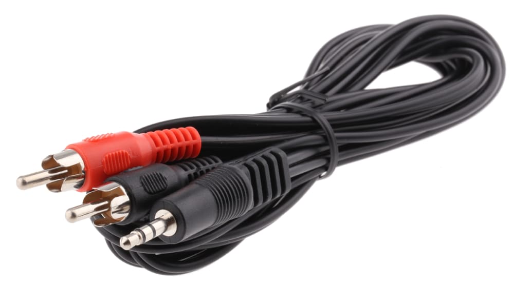 RS PRO Male 3.5mm Stereo Jack to Male RCA x 2 Aux Cable, Black, 2m