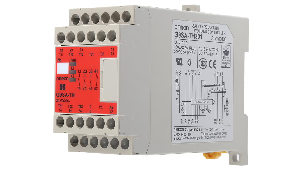 オムロン セーフティリレー, 24V ac/dc, 安全接点:3, 両手操作 オムロン セーフティリレー, 24V ac/dc, 安全接点:3, 両手操作