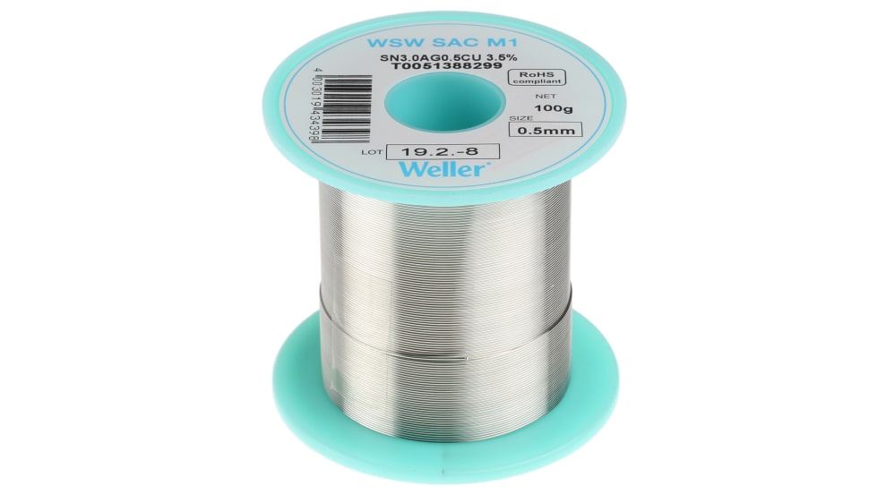 T0051388299, Soudure sans plomb Weller 0.5mm, 100g, Etain 96.5%, Argent  3%, Cuivre 0.5%, fusion à 217°C