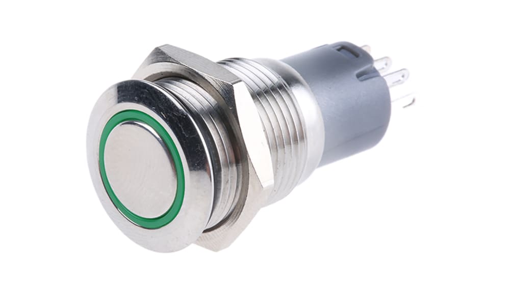 RS PRO Illuminated Push Button Switch, Momentary, Panel Mount, 16mm Cutout,  SPDT, Green LED, 250V ac, IP65, IP67