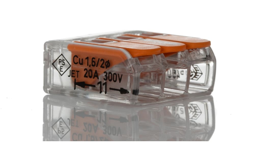 221-413 | WAGO 221 Series Lever Connector, 3-Way, 24/12 AWG Wire