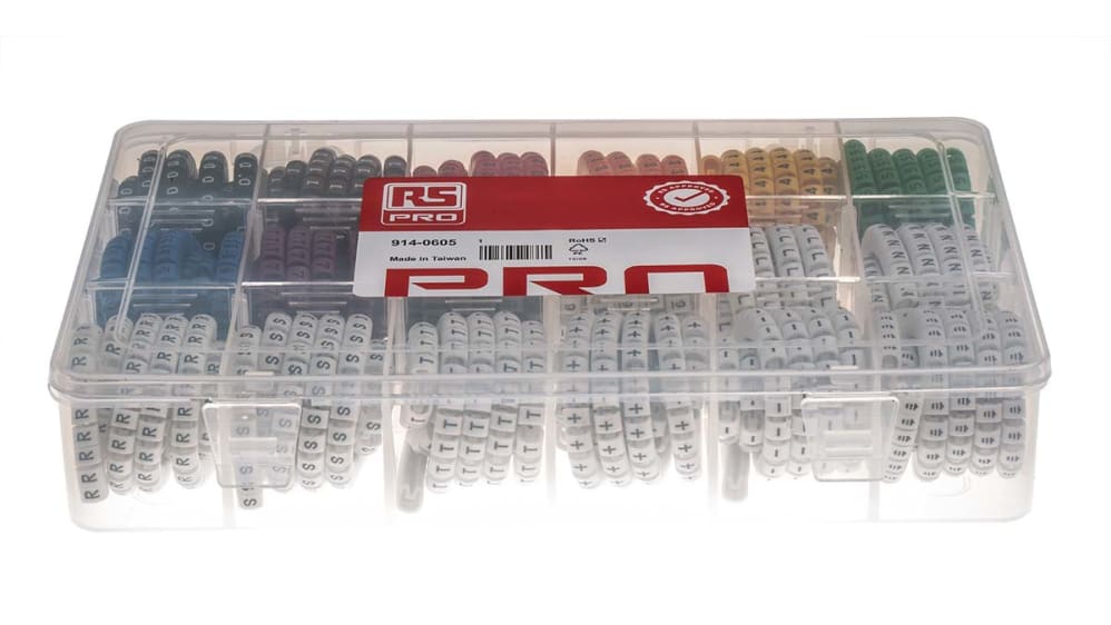 RS PRO, RS PRO Slide On Cable Marker Kit, Black, Blue, Brown, Green, Grey,  Orange, Red, Violet, White, Yellow, Pre-printed -,, 914-0592