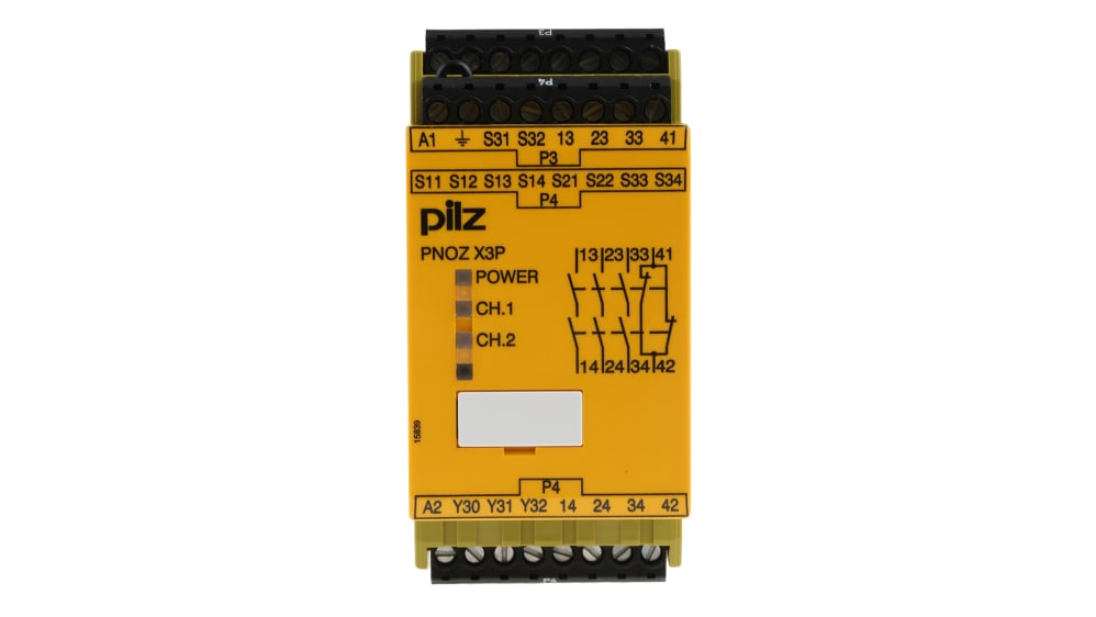 Pilz セーフティリレー, 24 → 240V ac/dc, 安全接点:3, 緊急 Pilz セーフティリレー, 24 → 240V ac/dc, 安全接点:3, 緊急
