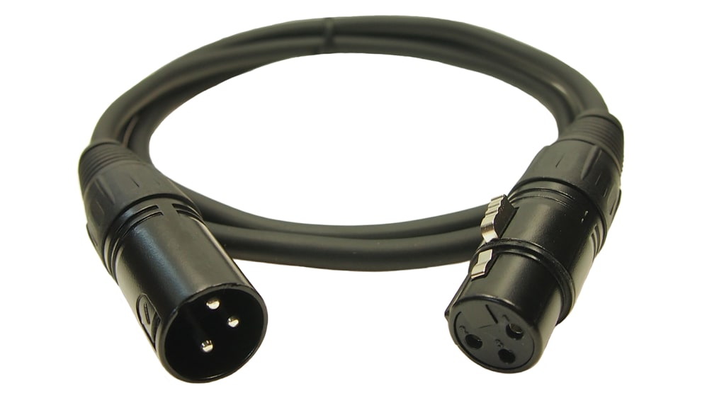 RS PRO Male 3 Pin XLR to Female 3 Pin XLR Cable, Black, 2m