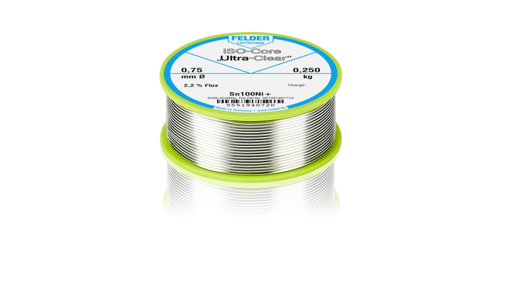 5551940720 37, Soudure sans plomb Felder Lottechnik 0.75mm, 250g, Etain  99.3%, Cuivre 0.7%, fusion à 227°C