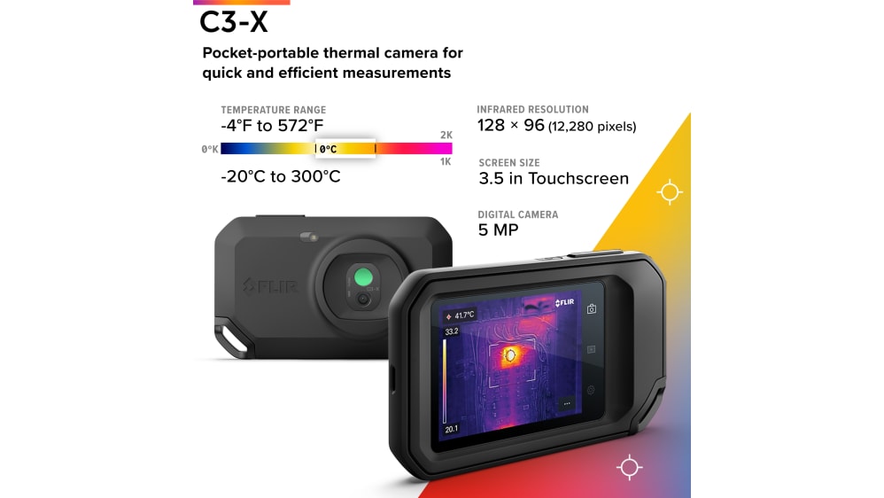FLIR C3-X (incl. Wi-Fi) | FLIR C3-X Thermal Imaging Camera with WiFi, -20 → +300 °C, 128 x 96pixel Detector Resolution | RS FLIR C3-X (incl. Wi-Fi) | FLIR C3-X Thermal Imaging Camera with WiFi, -20 → +300 °C, 128 x 96pixel Detector Resolution | RS