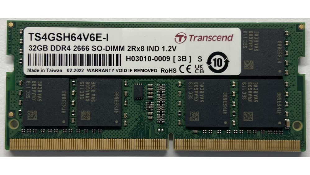 TS4GSH64V6E-I Transcend 32 GB DDR4 RAM, 2666Mbit/s, SODIMM,